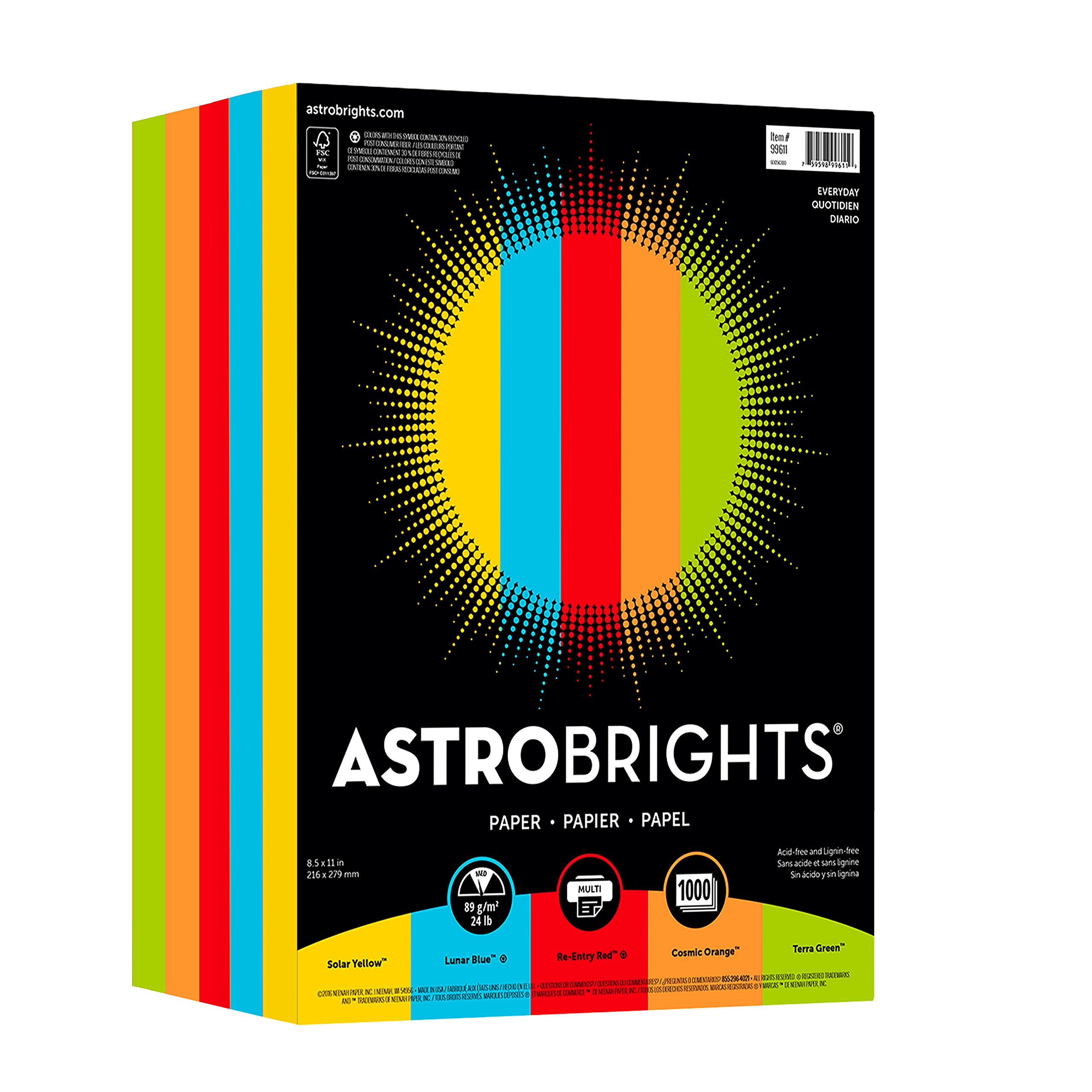 Neenah Paper Astrobrights Color Paper, 8.5” x 11”, 24 lb/89 GSM, “Everyday” 5-Color Assortment, 1000 Sheets (99609)
