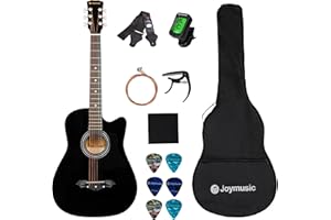 Joymusic 38 inch black beginner acoustic guitar,bundle with a strap with picks holder,digital tuner, set strings, capo,cleaning cloth,6 picks,gig bag.（JG-38C,BK）