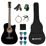 Joymusic 38 inch black beginner acoustic guitar,bundle with a strap with picks holder,digital tuner, set strings, capo,cleaning cloth,6 picks,gig bag.（JG-38C,BK）