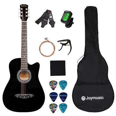 Joymusic 38 inch black beginner acoustic guitar,bundle with a strap with picks holder,digital tuner, set strings, capo,cleaning cloth,6 picks,gig bag.(JG-38C,BK)