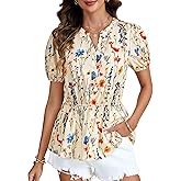 LYANER Women's Floral Notched V Neck Short Sleeve Peplum Ruched Button Down Vacation Blouse