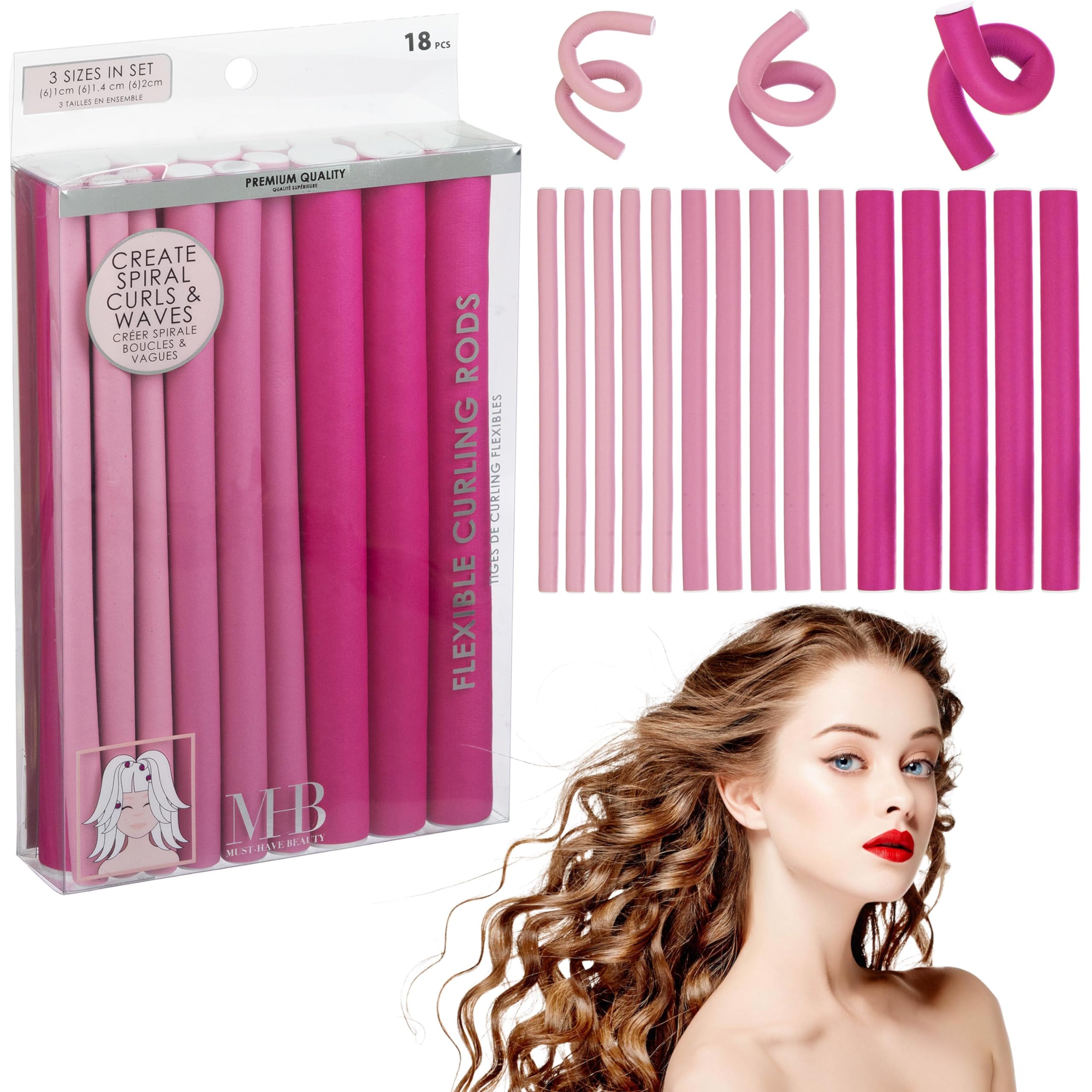 Photo 1 of 18pc Flexible Curling Rods Pink Hair Curlers for Women In Assorted Sizes - Curly Hair Products For Spiral Curls & Waves| Classic Hair Roller Set, Volumizing Heatless Curler Value Pack