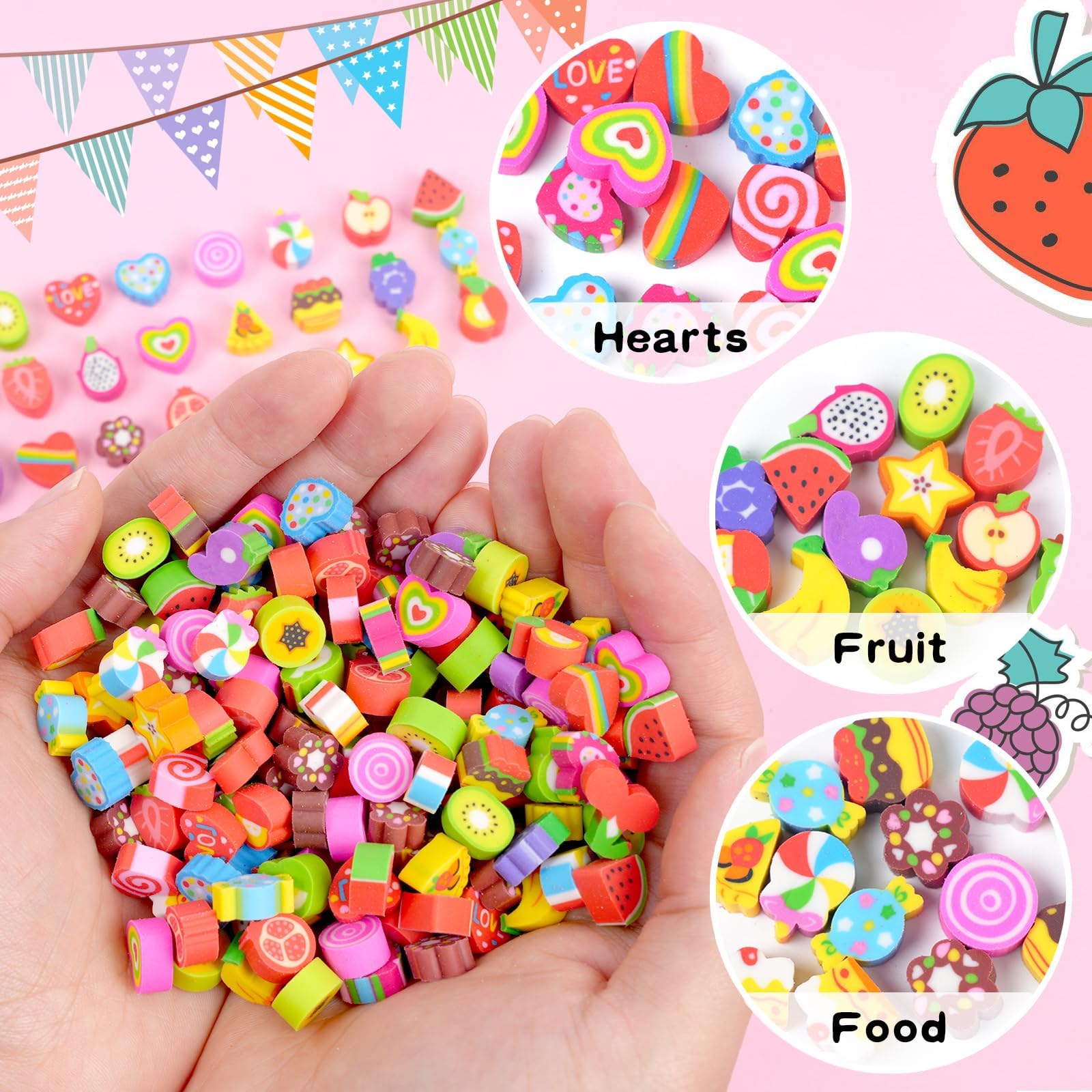 Food Heart Mini Erasers for Kids Bulk Cake Fruit Cute Erasers 170Pcs Desk Pets Classroom Prizes Game Rewards Party Favors Back to School