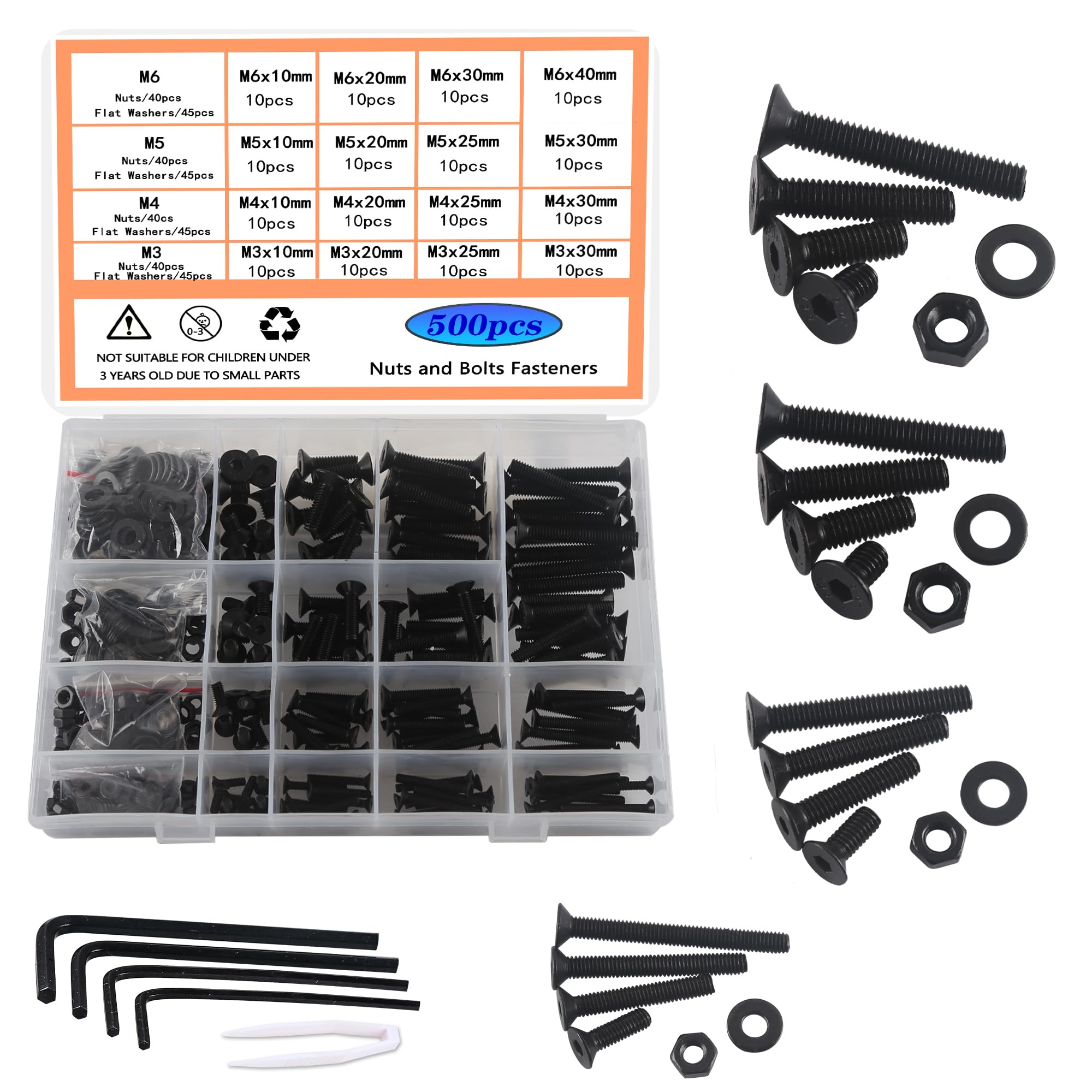 HVDHYY M3-M6 Nut and Bolt Set - Black Hex Flat Head Machine Screws, Nuts, Washers & 4 Hex Wrenches - 500pcs Assortment Kit With Storage Box