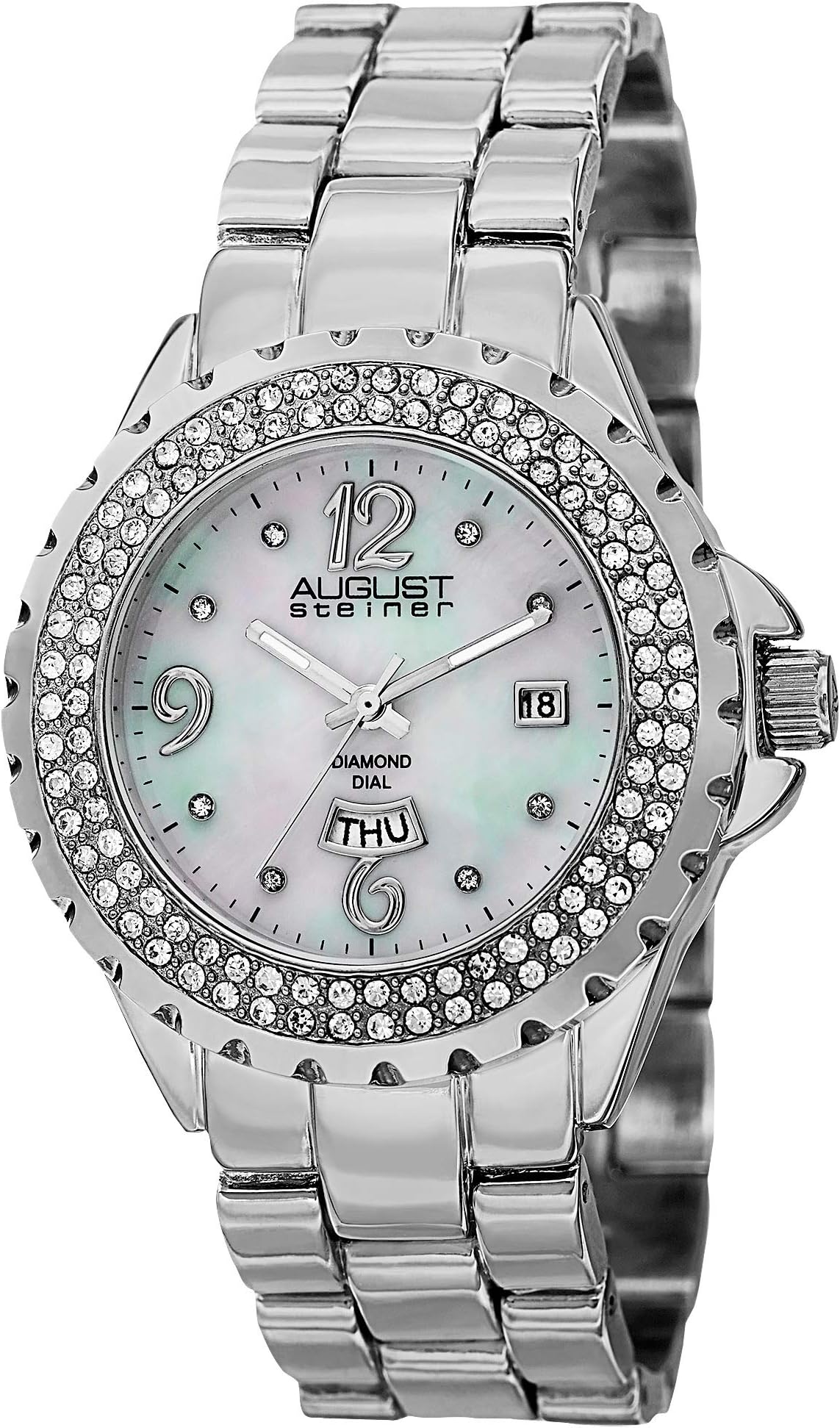 August Steiner Women's Crystal Accented Watch - 8 Diamond Hour Markers - Mother of Pearl Dial and Stainless Steel Link Bracelet - AS8156