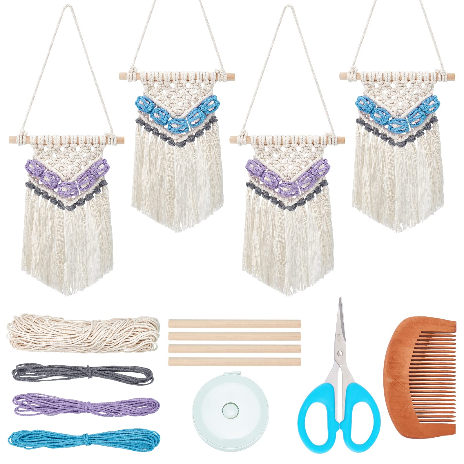 WEBEEDY 4 Sets Macrame Wall Hanger Kits, DIY Mini Macrame Wall Hanging Decor, Boho Woven Tapestry Tassel Wall Hanging for Room Home Car Decoration