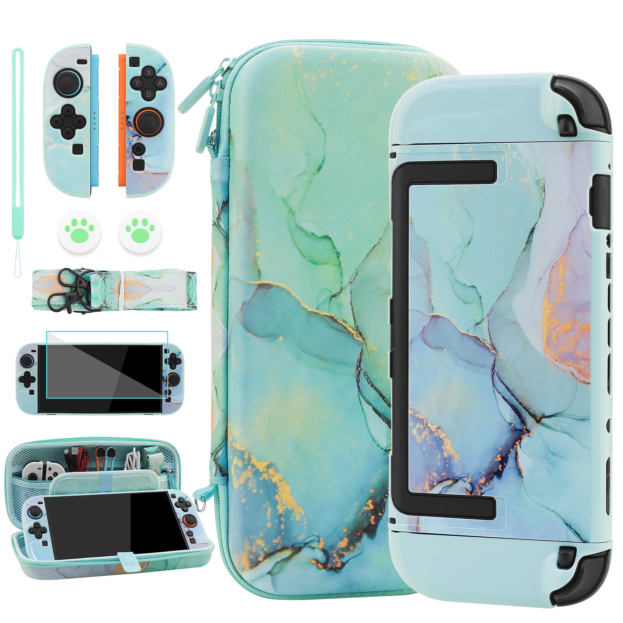 RHOTALL Green Carrying Bundle for Nintendo Switch 2 (2025), Shockproof Protective Hard Shell Cute Cover Case with Game Card Slots Accessories,Screen Protector,Shoulder Strap,2 Thumb Grips, Marble