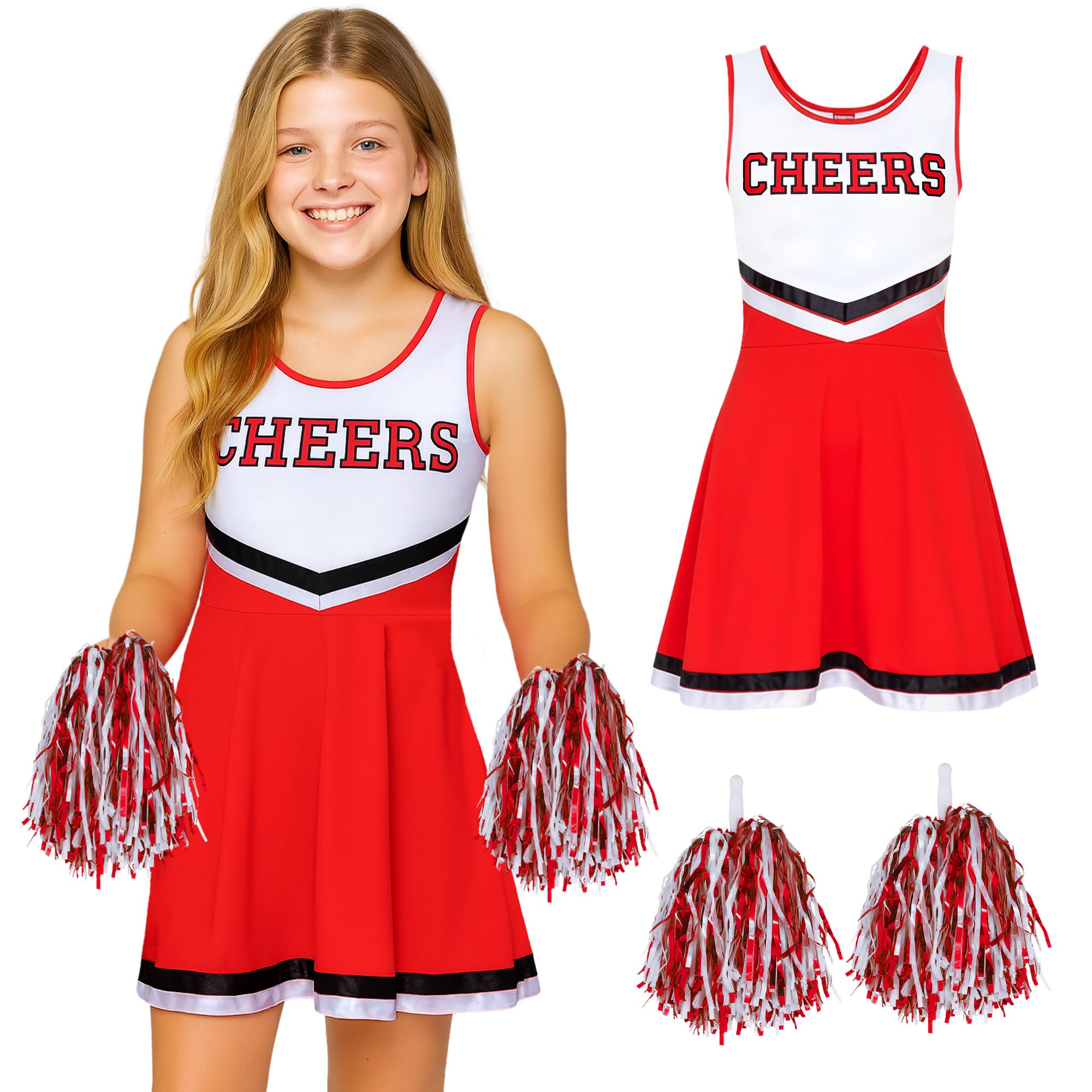 Girls Cheerleader Costume with Pom Poms - Kids Cheerleader Outfit for Girls Fancy Dress - Kids Cheer Leader Costume