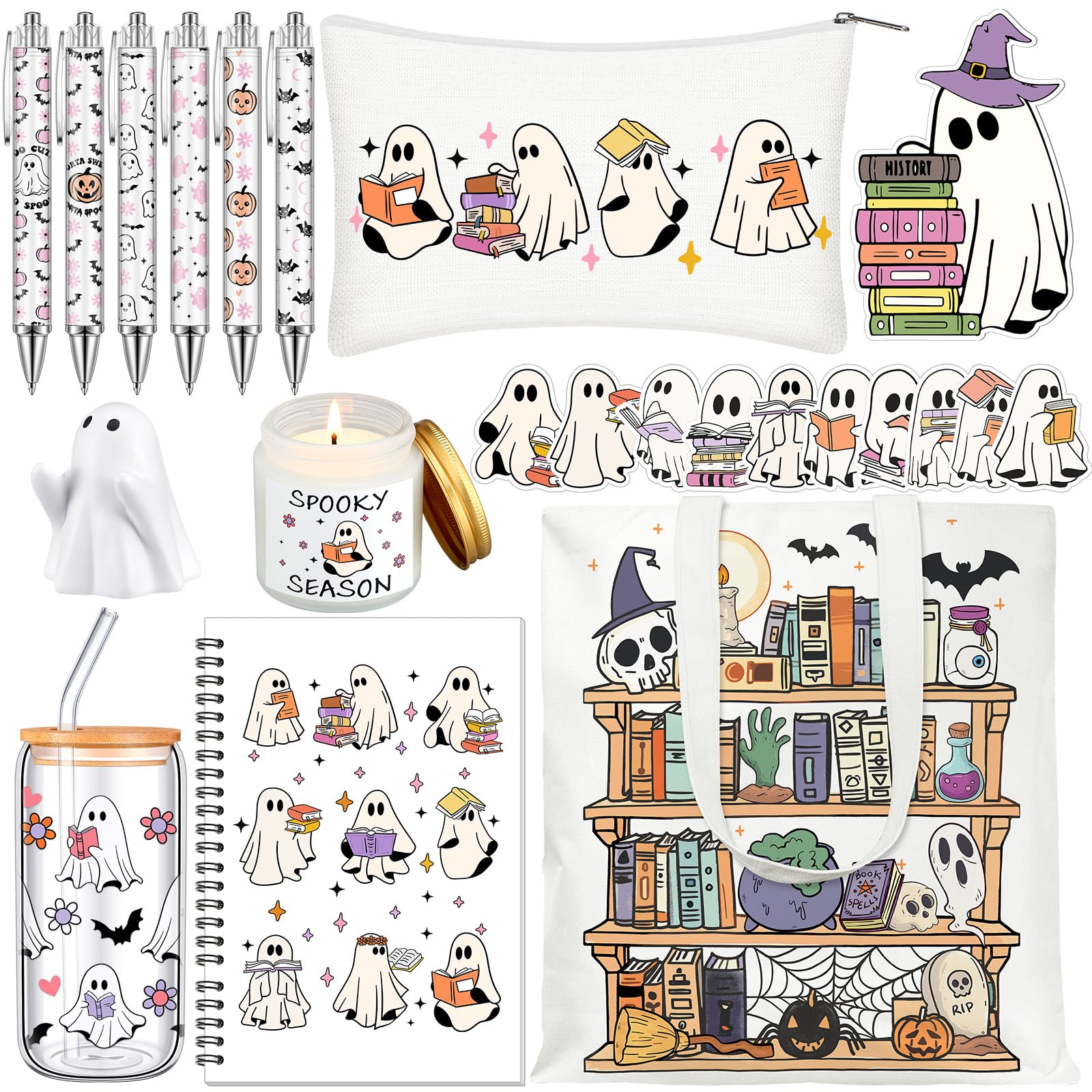 Photo 1 of LemonRoad Boo Basket Stuffers for Women Ghost Reading Book Cute Halloween Basket Gift Set Spooky Glass Cups with Lids Straw Pink Boo Gift Ideas for Book Lovers Teens Girls Her Sister Friends