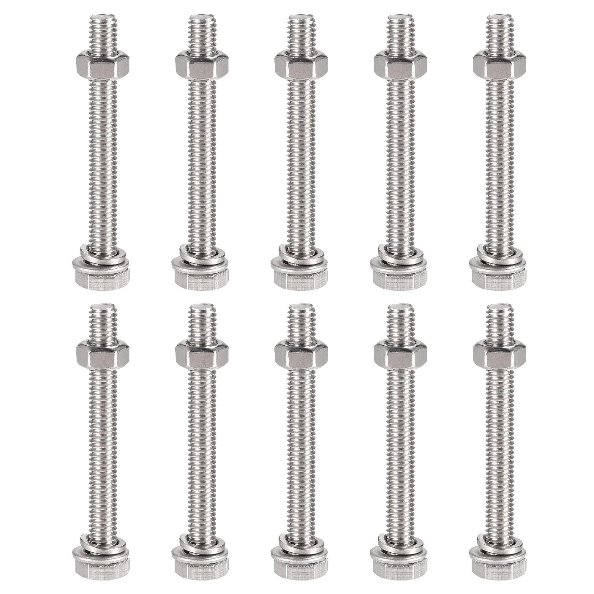 sourcing map M6 x 55mm Hex Head Screws Bolts, Nuts, Flat & Lock Washers Kits, 304 Stainless Steel Fully Thread Hexagon Bolts 10 Sets