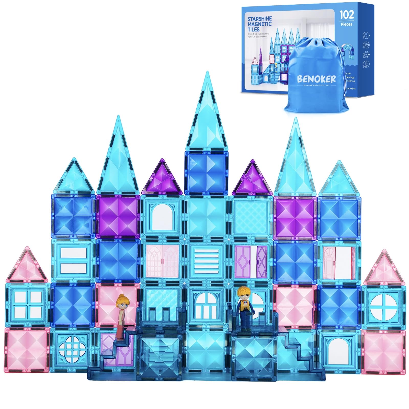 BENOKER 102PCS Ice Castle Magnetic Tiles, 3D Building Blocks STEM Educational Kids Toys for Pretend Play, 3 4 5 6 7 8 Year Old Birthday Gifts for Boys and Girls, Preschool Learning Toys for Christmas Image