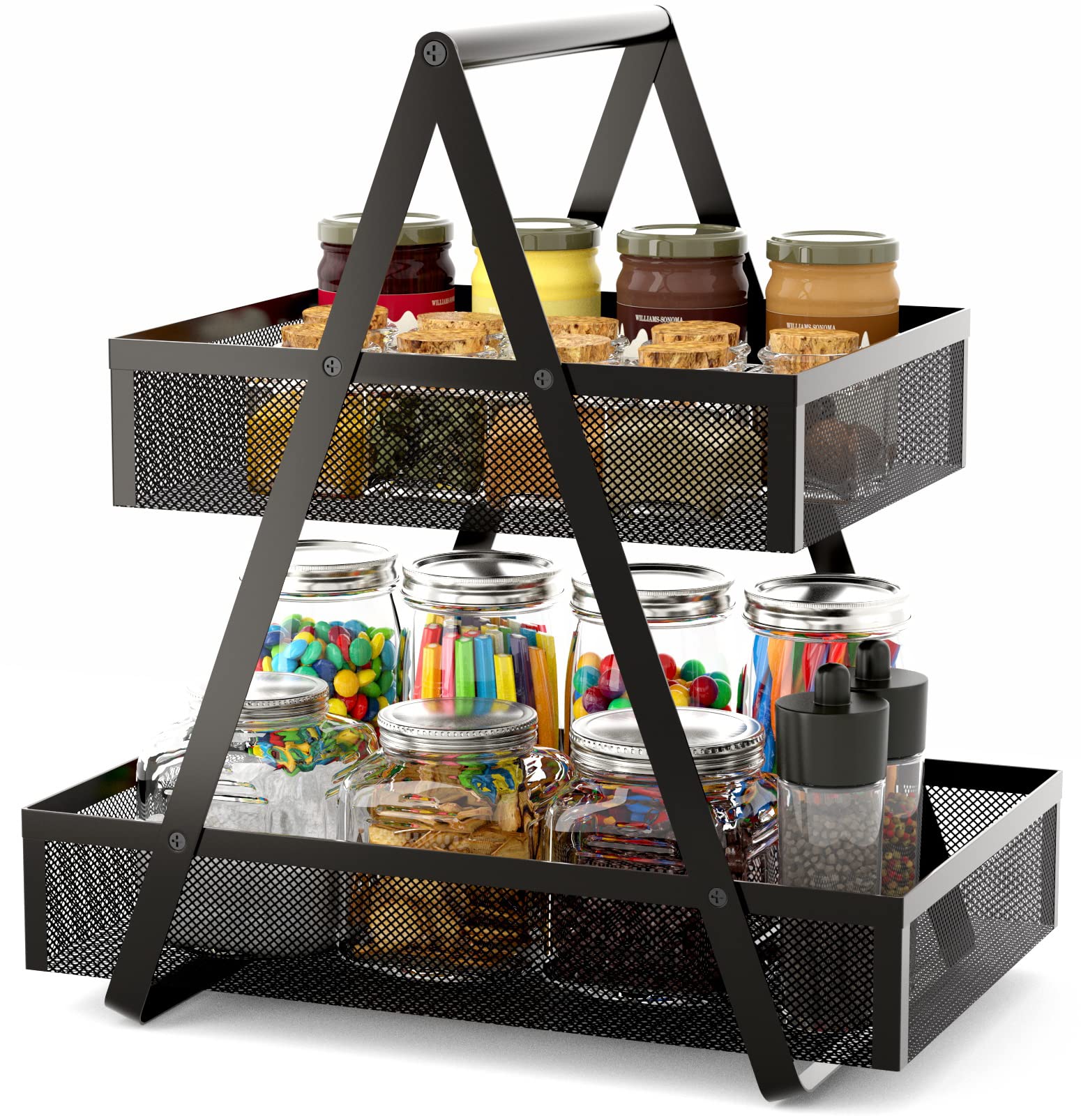 EKNITEY 2 Tiered Fruit Bowl Basket - Metal Snack Storage Kitchen Countertop Organiser Small Coffee Station Organiser for Home, Picnic, Office (Black)