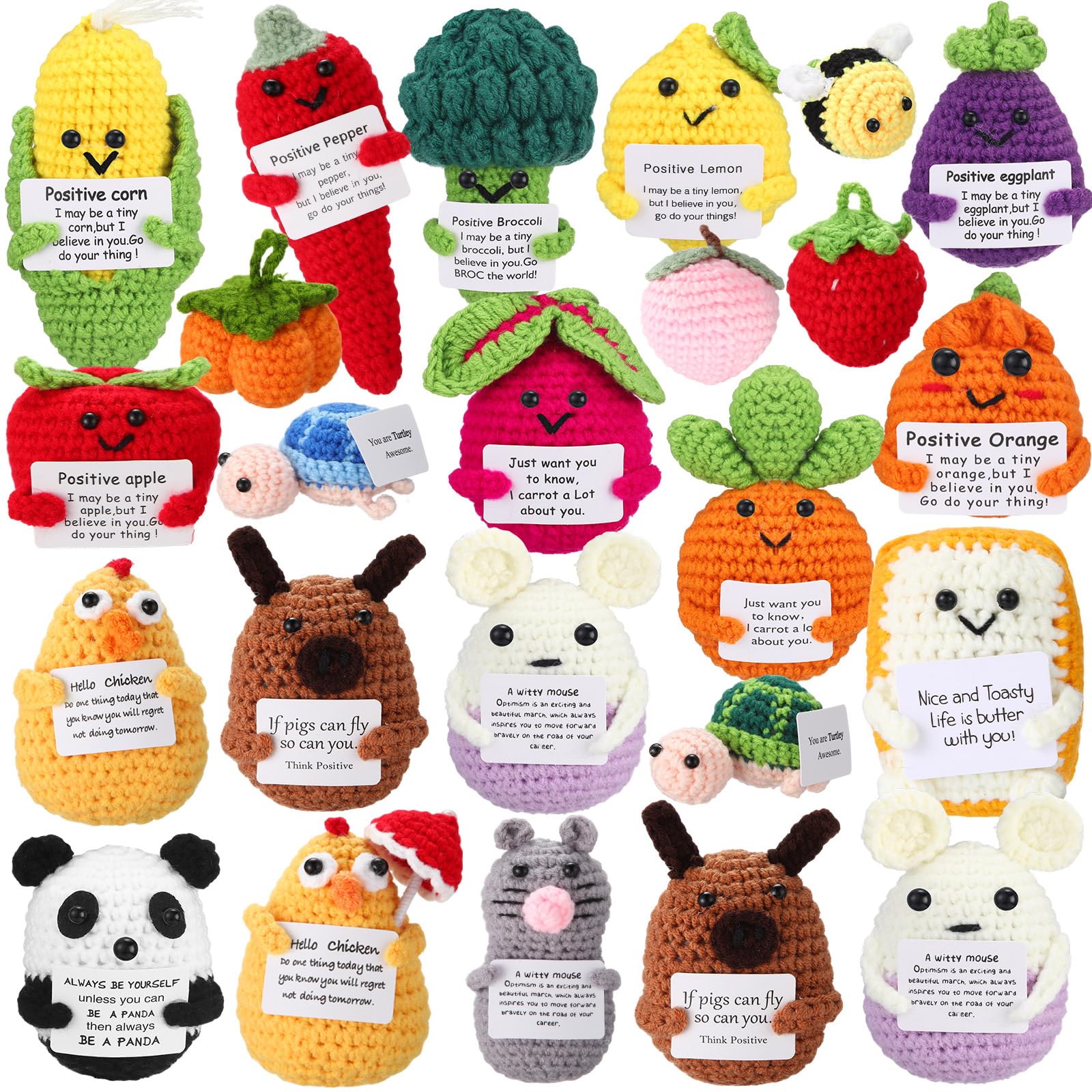 Photo 1 of VioraWhite 24 Pcs Mini Positive Support Potato Gifts Bulk Emotional Crochet Doll Positive Handmade Crochet Animals Vegetables Fruit Dolls Encouragement Gifts for Friends Coworkers Office Desk Decor