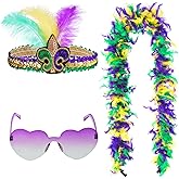 3 Pack Mardi Gras Feather Boa 5.9Ft / 70 Inch Long Mardi Gras Fleur De Lis Headbands,Heart Sunglasses Colorful Feather Boas Scarf Costumes for Party Halloween