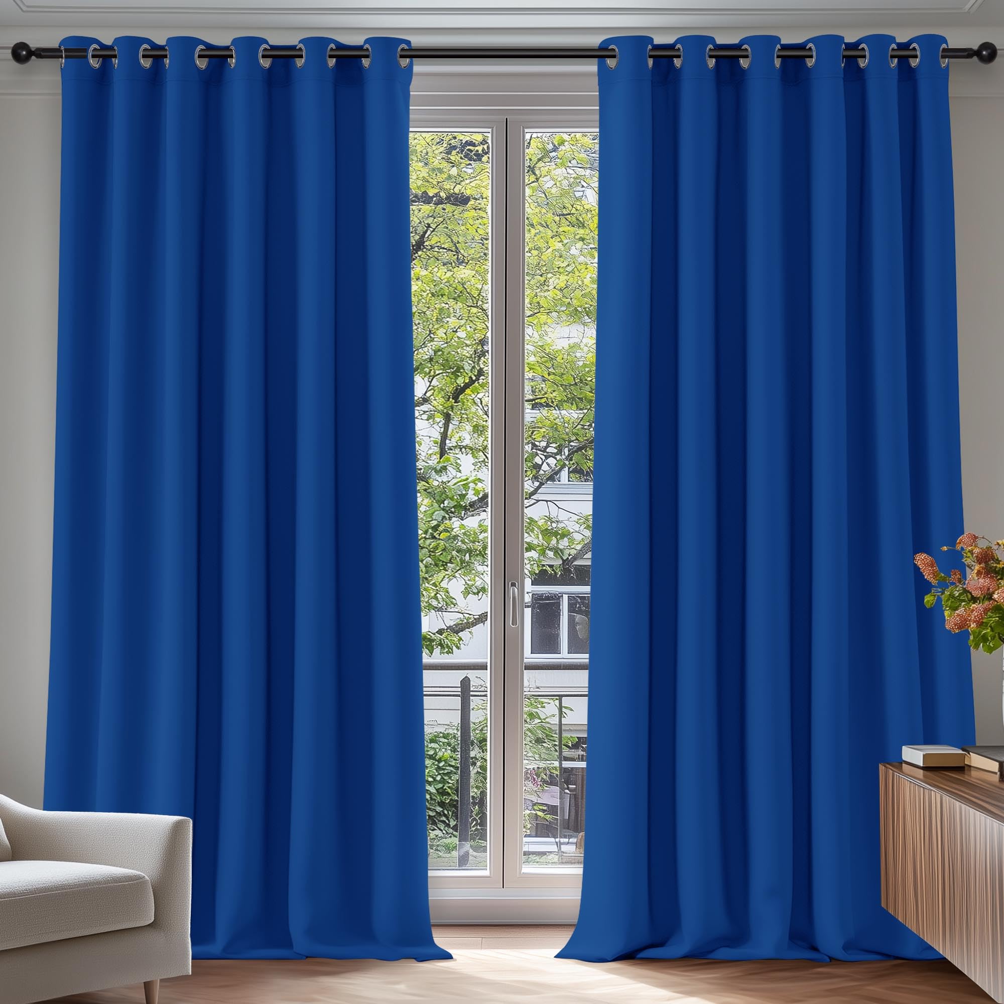 Deconovo Thermal Insulated Extra Wide Blackout Curtains 90x54 Inch Drop Energy Saving Noise Reducing Eyelet Curtains for Bedroom, 1 Pair, Blue