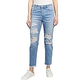 O A T New York Womens High Rise Straight Relaxed Denim Jeans, with Knee Destruction and Five Functional Pockets