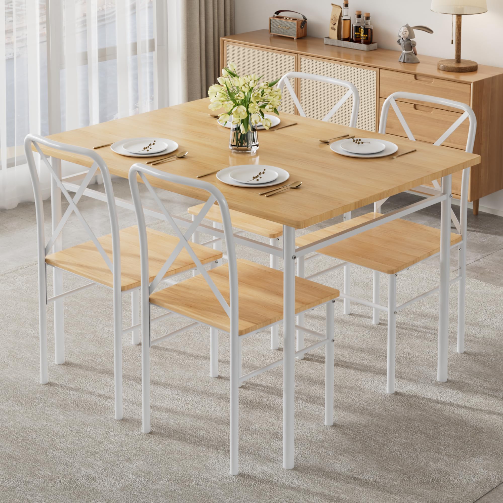 Photo 1 of VECELO 5-Piece Kitchen Dining Table Set, Wood Tabletop & Heavy-Duty Metel Frame, Rectangle Dinette with 4 Chairs for Small Space, Breakfast Nook, Natural White