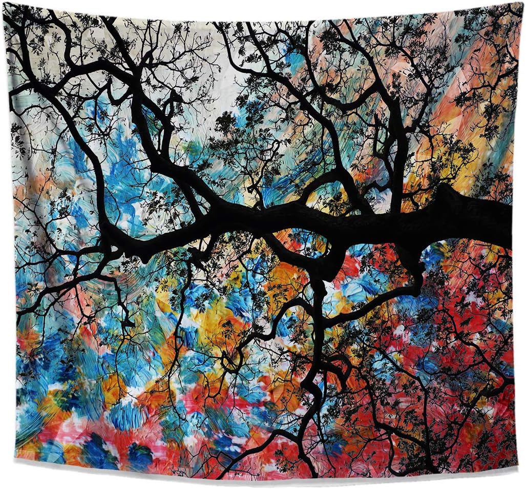 Zen Forest Tapestry, Chi Tree Design, Colorful Japanese Cherry Blossom Tree Wall Hanging for Bedroom Living Room Dorm, 58x51 inches