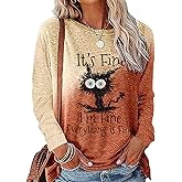 MNLYBABY It's Fine I'm Fine Everything Is Fine Sweatshirt Women Cute Black Cat Tee Tie Dye Cat lover Long Sleeve Top