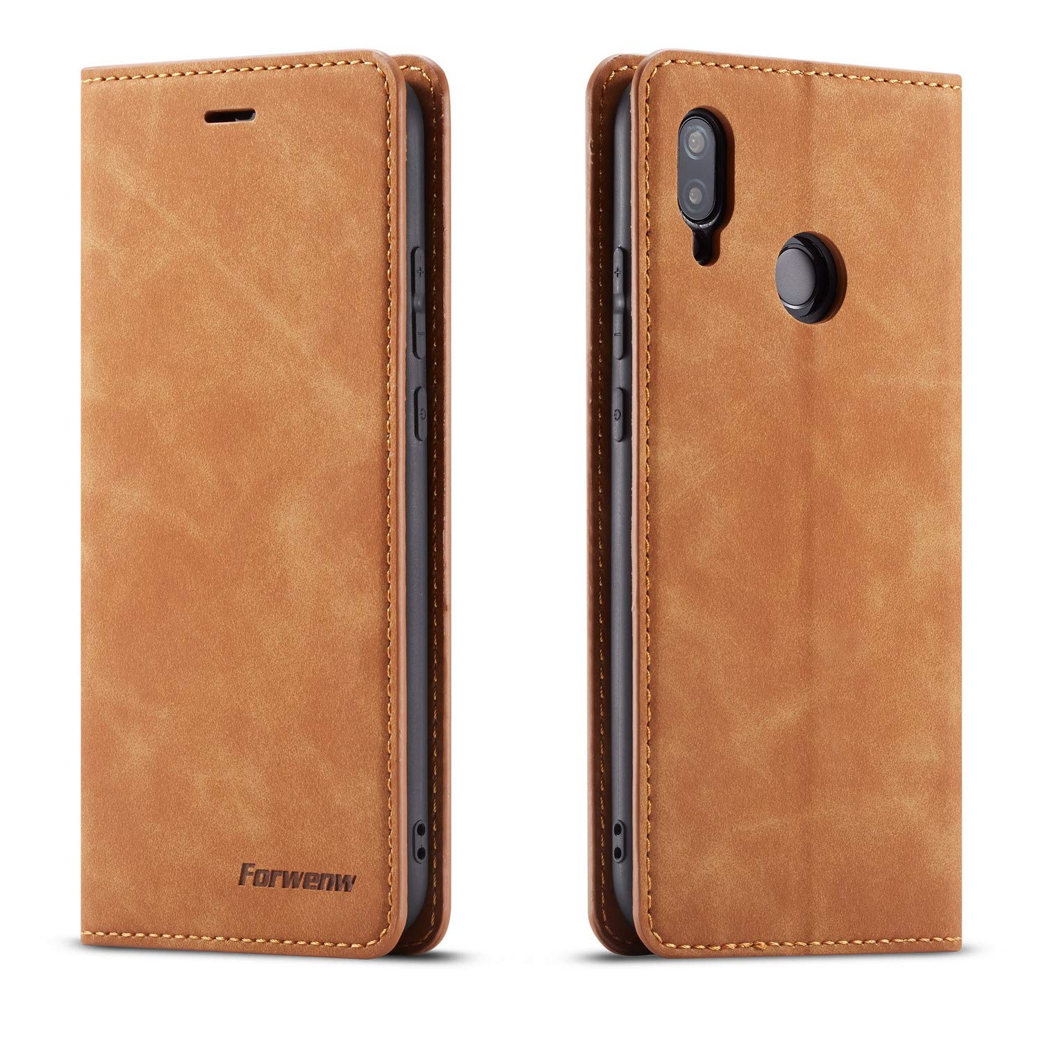 QLTYPRI Case for Huawei P20 Lite, Premium PU Leather Cover TPU Bumper with Card Holder Kickstand Hidden Magnetic Adsorption Shockproof Flip Wallet Case Compatible with Huawei P20 Lite - Brown — image 1