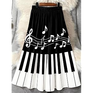 Women's Music Note Piano Key Print Midi Skirt, Elastic High Waist Flowy A Line Long Swing Skirt