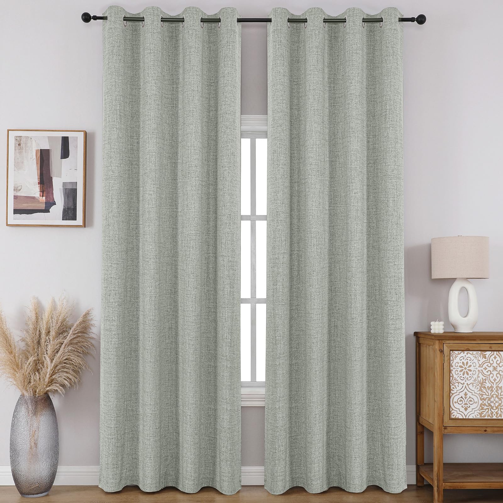 CUCRAF 100% Blackout Window Curtains 96 inches Long 2 Panels Set, Faux Linen Look Thermal Insulated Grommet Drapes, Room Darkening Curtain for Bedroom Living Room(W52 x L96 Inch, Grey Green) Image