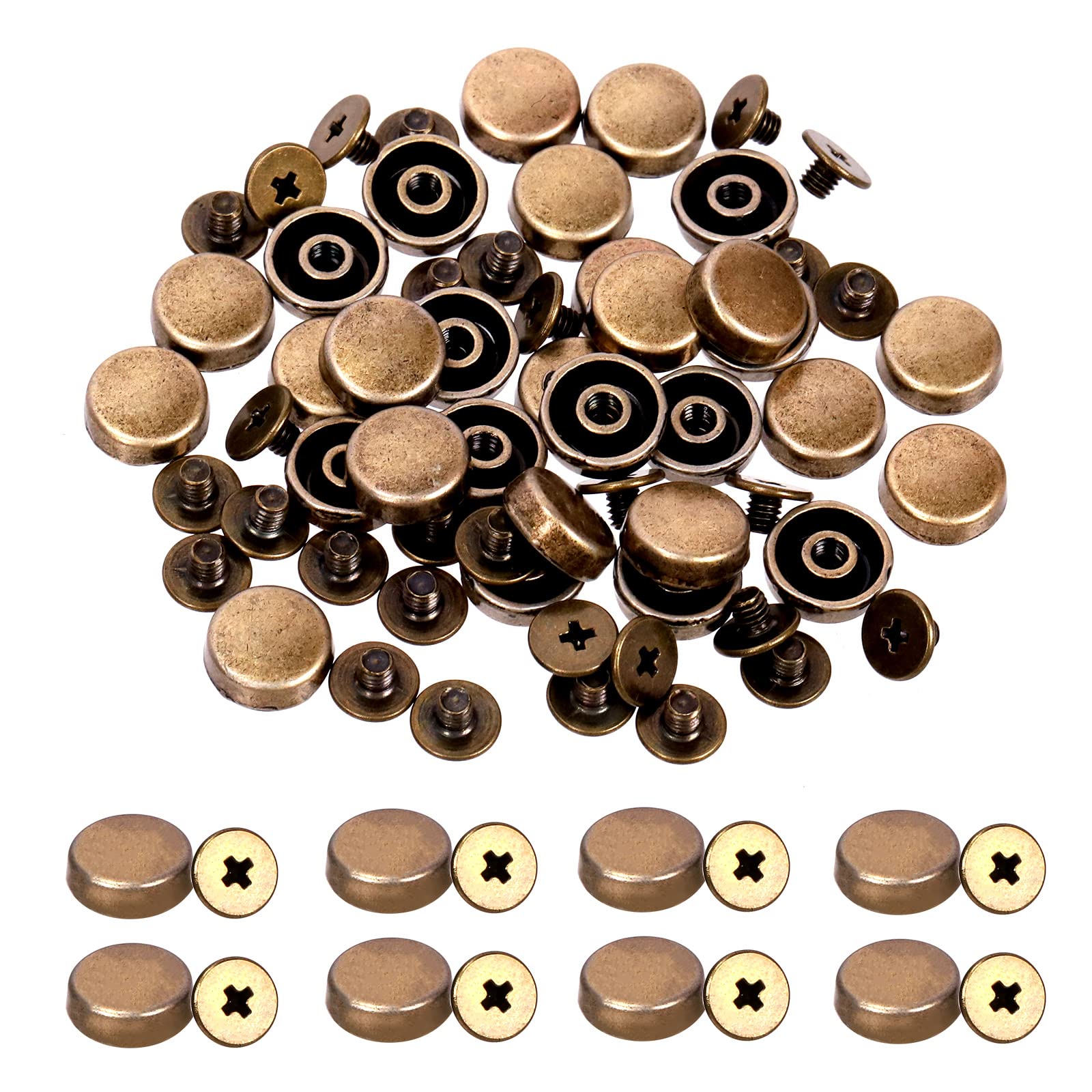 Glarks 32Pcs Screw Back Rivets Set, Bronze Metal Flat Head Purse Feet Handbag Feet Nail Head Stud Flat Buckle Metal Studs Rivets for DIY Leather Craft