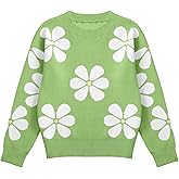 Girl's Floral Print Crew Neck Long Sleeve Knitted Pullover Fall Winter Sweater Jumper Tops