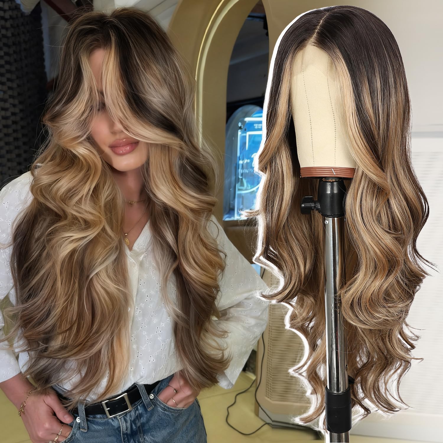 SOMIARIK 13x4 Honey Brown with Roots Lace Front Wig Brown Highlight Blonde Synthetic Lace Front Wigs for Women Pre plucked with Baby Hair Heat Resistant Hair Cosplay Daily Party 26 Inch