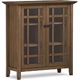 SIMPLIHOME Bedford 39" Solid Wood Cabinet in Rustic Natural Aged Brown | Transitional medium console cabinet with glass doors and shelves for organized living room, entryway or dining room storage.