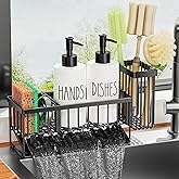 MASADI Kitchen Dish Soap Dispenser Set with Sponge Holder, 12OZ Glass Bottle, Hand and Dish Soap Dispenser Set, Non-Slip Silicone Pad, Brush Holder, Kitchen Sink Organizer Countertop (Black+White)