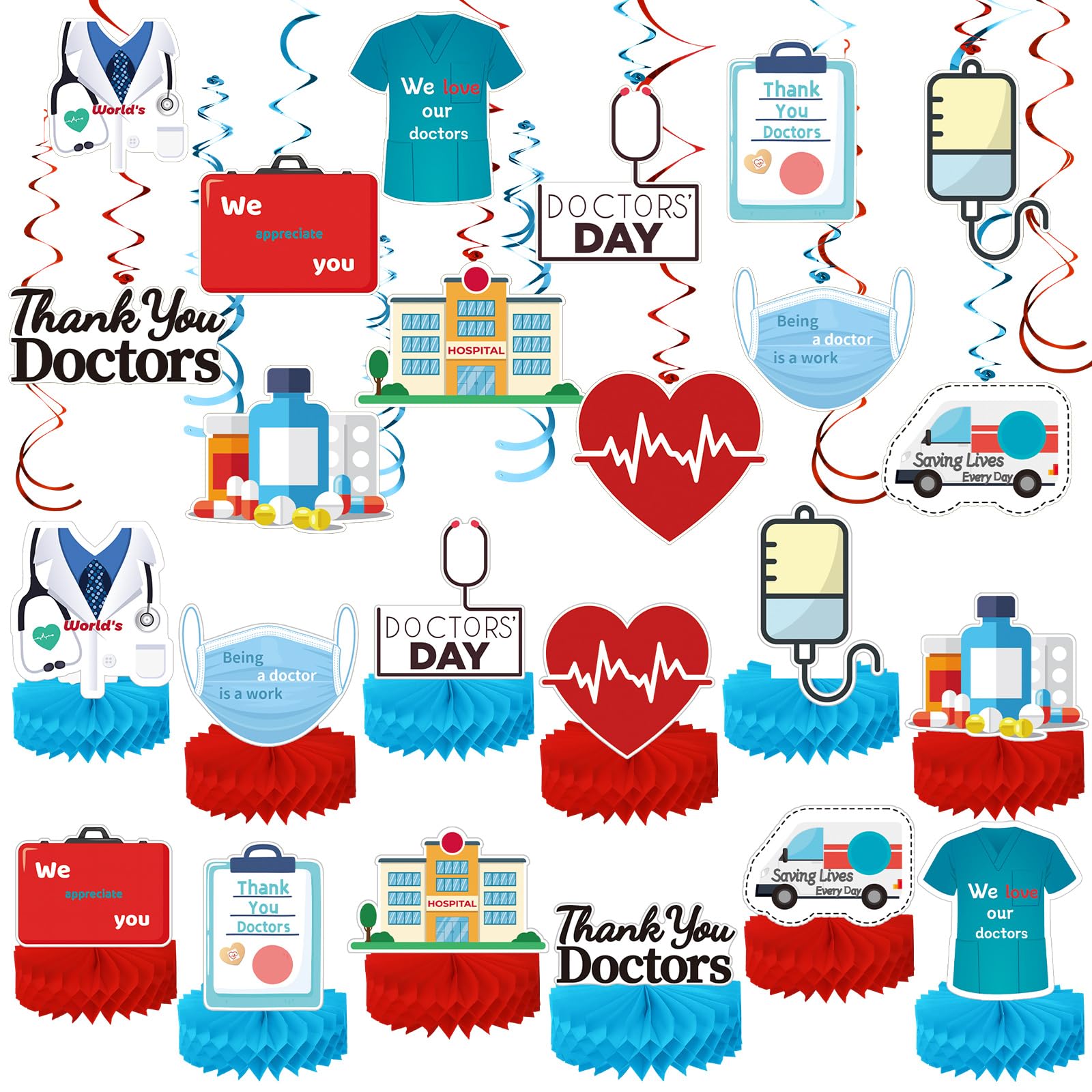Photo 1 of Weekgrat 36 Pcs Doctor's Day Appreciation Decoration Thank You Doctor Table Honeycomb Centerpieces Appreciate Hanging Swirls Banner for National Doctors' Day Medical Students Party Supplies