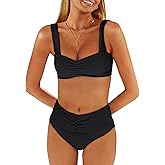 ANRABESS Bathing Suit for Women Tummy Control Bikini Set 2026 Beach Front Ruched Mid Waist Swimsuit with Adjustable Straps