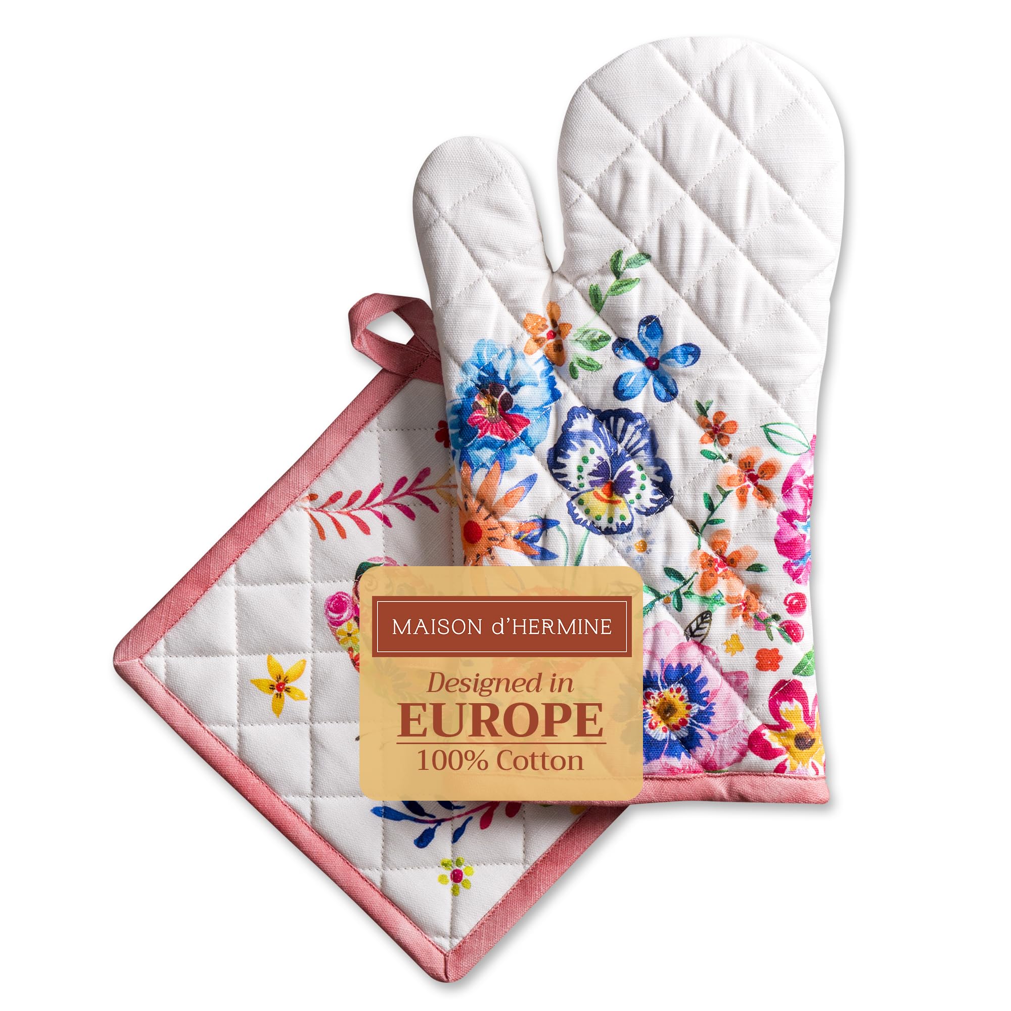 Maison d' Hermine Happy Florals - High Summer Set of (19 cm x 33 cm) Oven Mitts and (20 cm x 20 cm) Kitchen Gloves, 100% Cotton for BBQ, Baking, Oven, Microwave, Spring/Summer