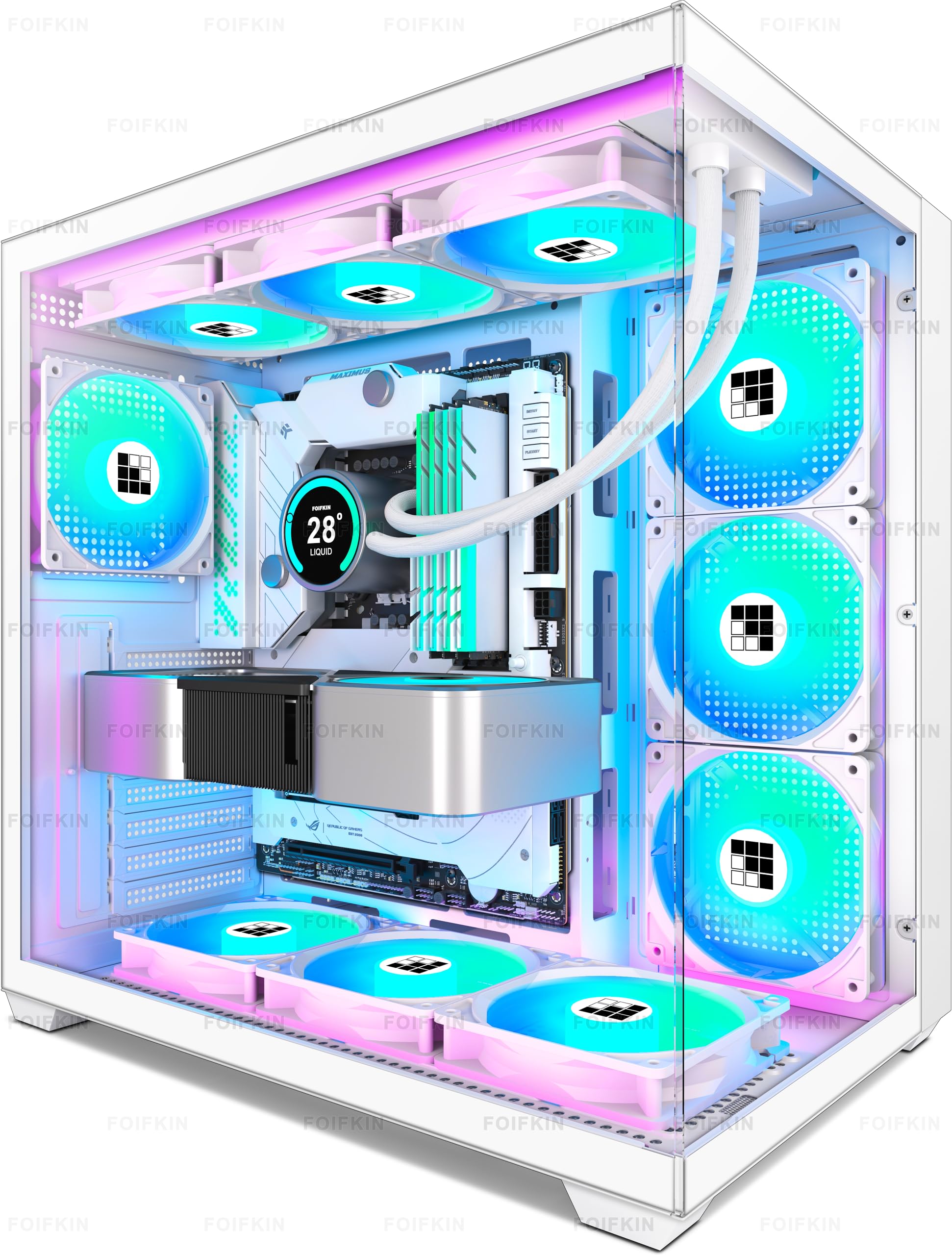 FOIFKIN F300 PC Gehäuse ATX mit 7 PWM ARGB Lüfter,Hoher Luftstrom Mid-Tower Computer Gehäuse,Gaming PC-Gehäuse Big Tower,ATX Gehäuse Weiß,mit Type-C,360mm Radiator Computergehäuse(Weiß, F300)