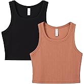 ARRIA Ribbed Crop Tank Top for Women – Soft Slim Fit Scoop Neck Sleeveless Shirt, Fitted Basic Cute Summer Tops 2025, Stretchy Casual Everyday Tank (2 Pack, Mocha/Black, Small)