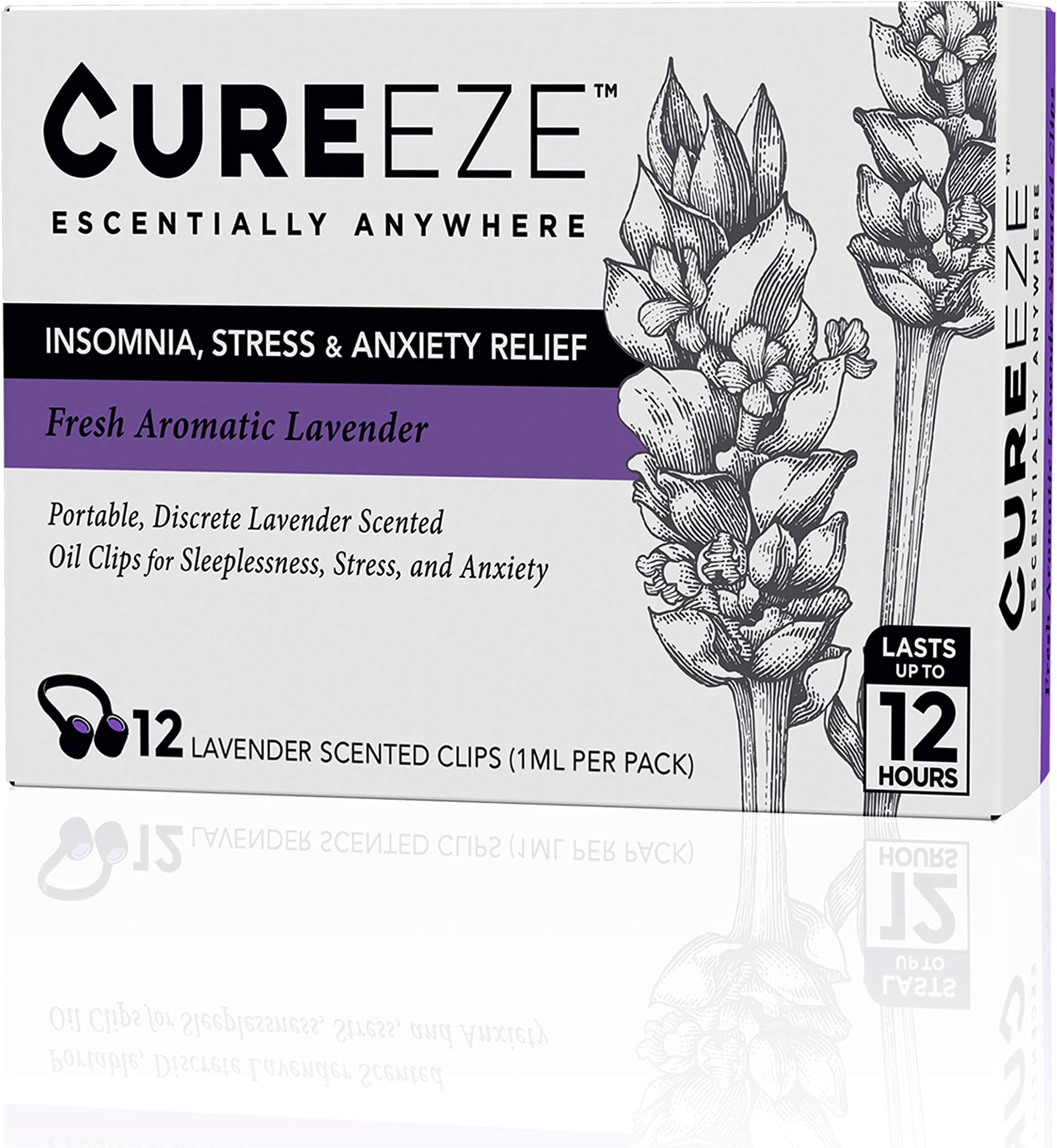 Portable Anxiety, Insomnia and Stress Relief - 12 Pack Lavender Scented Essential Oil Nose Clips - All Natural Aromatherapy Remedy for Concentration and Irritability - CUREeze (1 Pack of 12 Clips)
