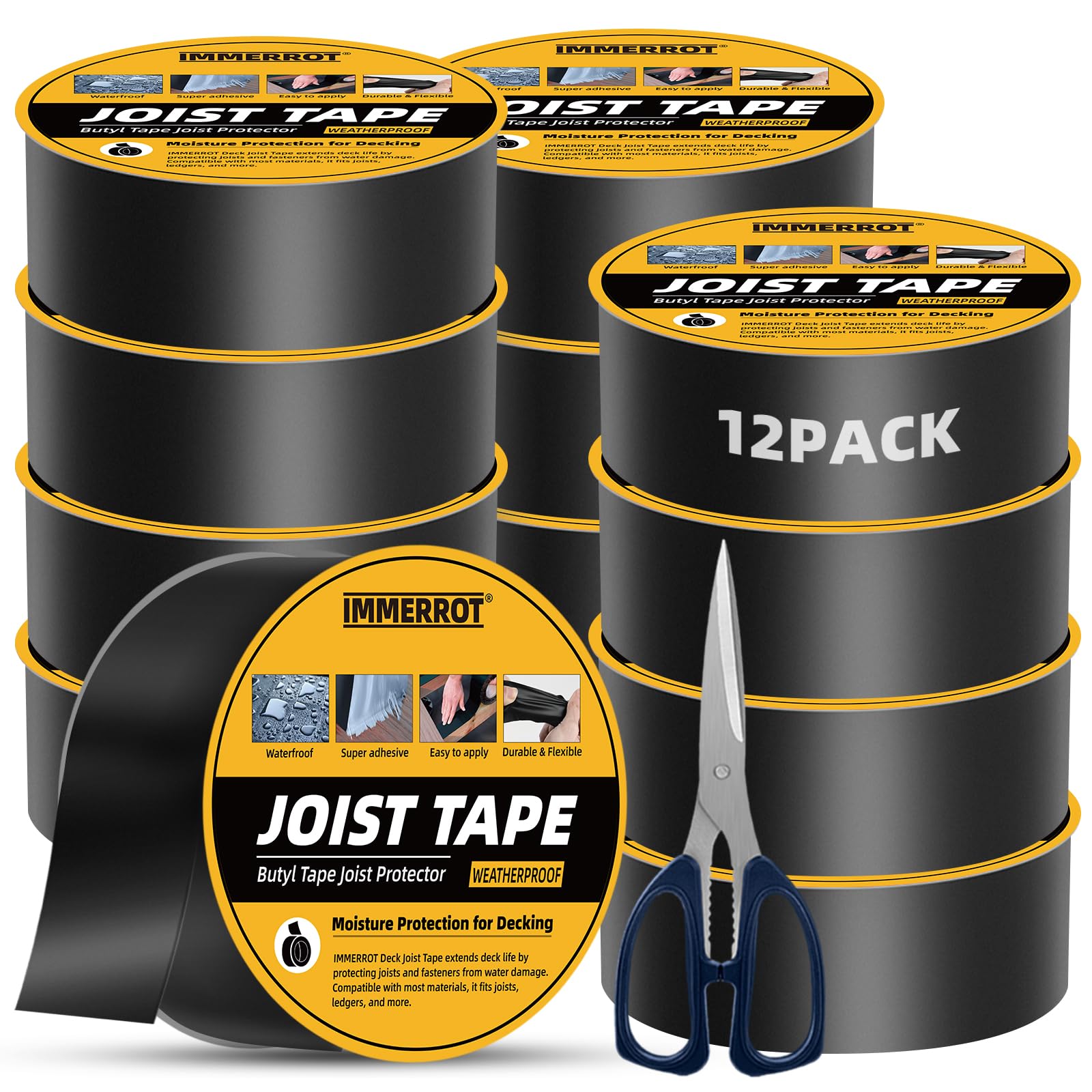 Photo 1 of IMMERROT 12 Pack Joist Tape for Decking 1-5/8" x 50' Weather-Resistant Butyl Joist Tape, Self Adhesive Deck Flashing Tape for Wood Decks Beams Roof, 1-5/8 inch x 50 feet