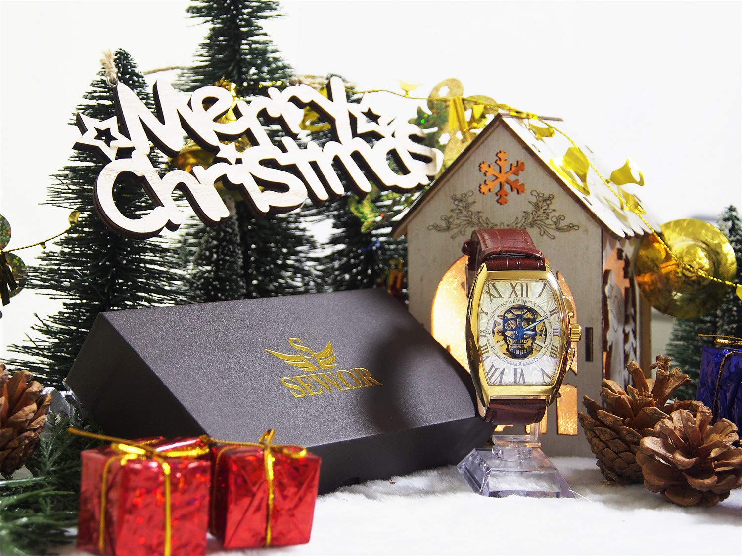 Sewor lusso uomo cranio testa meccanico automatico orologio da polso con fascia in vetro rivestimento blu (Oro & Bianca)