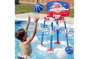 2 in 1 Pool Basketball Hoop Set with Backboard & Ring Toss Game, Floating Water Basketball Game with 4 Balls, 8 Rings & Pump,
