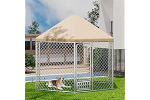FKLUG Outdoor Dog Kennel with Cover, Large Dog Run Fence House Big Cage Pen Enclosure, Heavy Duty Dogs Play Cage Pen Kennel (110" L x 95" W x 92.8" H)