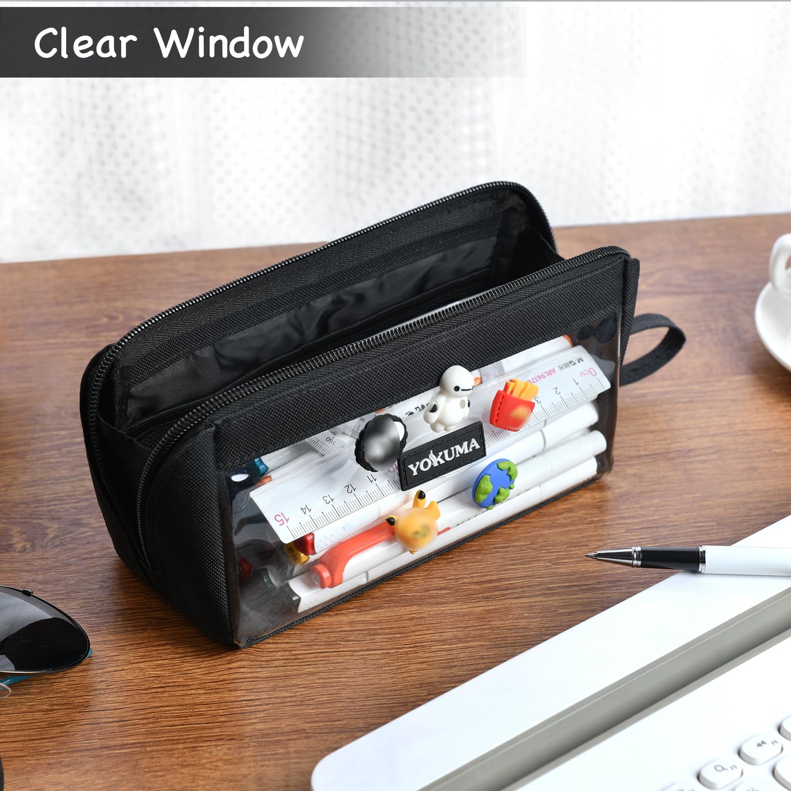 YOKUMA Pencil Case for Boys Girls Cute Kawaii Clear Aesthetic Pencil Pouch Mark Pen Case Organizer Large Capacity for Teen College Students Adults,Small Makeup Bag, School Supplies (Black)