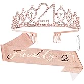CAVETEE Rose Gold 21st Birthday Sash and Crown Set - Women's Birthday Queen Tiara and Sash