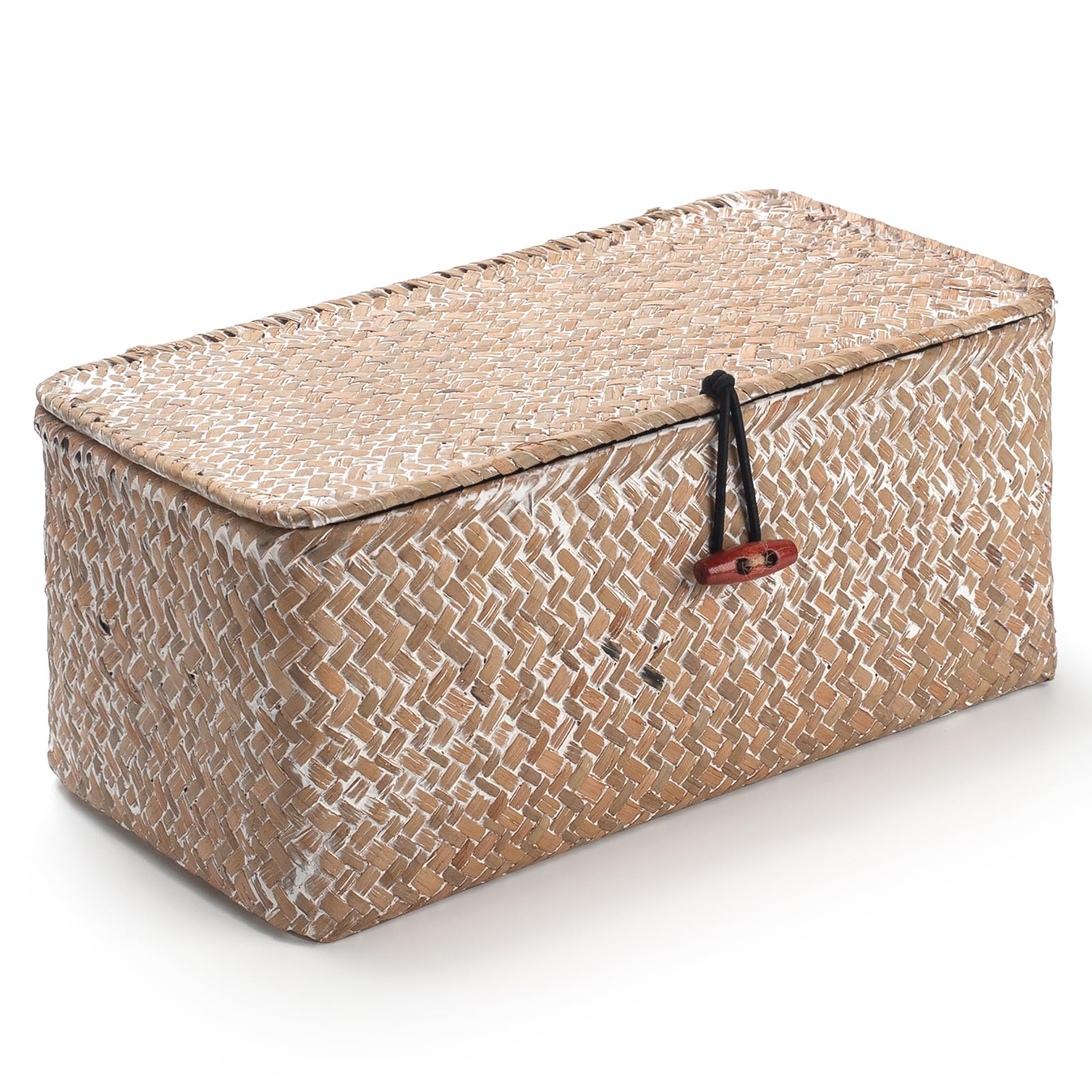 Seagrass Storage Baskets with Lid Natural Rattan Woven Rectangular Organizer Box (Whitewash Small 26cmx14cmx11cm H)