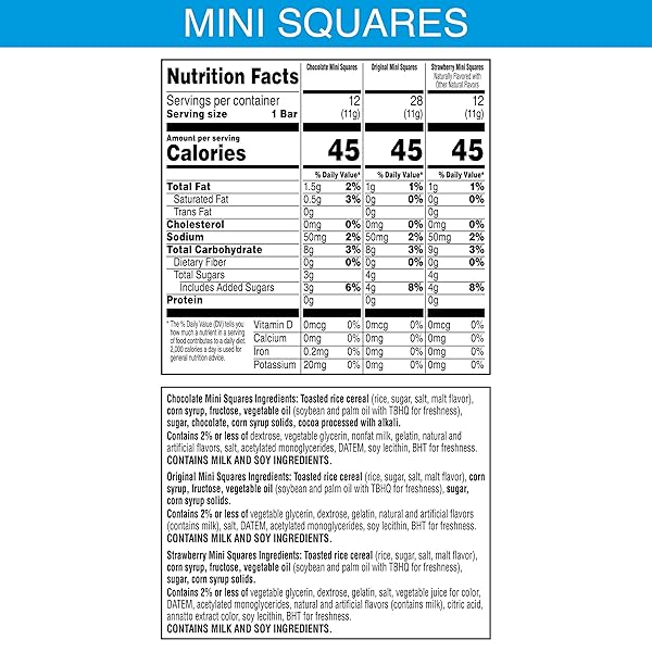 RICE KRISPIES TREATS MINI CRISPY MARSHMALLOW SQUARES, KIDS SNACKS, LUNCH SNACKS, VARIETY PACK, 20.1OZ BOX (52 BARS)