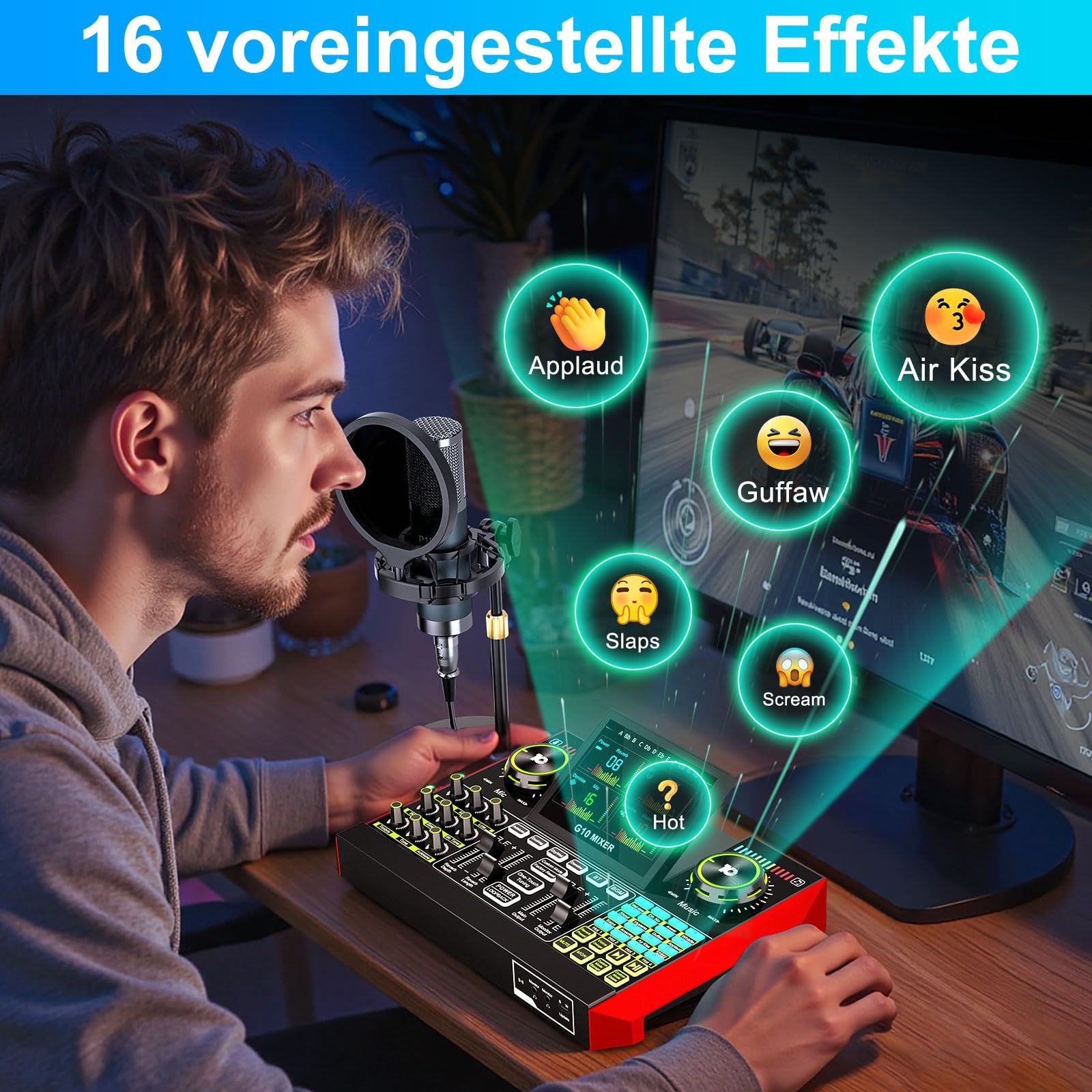 Podcast Mikrofon Set mit Audio Mixer, 3,5mm Kondensator Mikrofon für Streaming & Gesang, Voice Changer, Rauschunterdrückung, Plug & Play für PC, Handy, YouTube & TikTok Creator 7