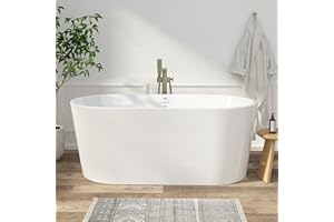 FerdY Shangri-La 59" Acrylic Freestanding Bathtub, Gracefully Shaped Soaking Bathtub, Glossy White, cUPC Certified, Brushed Nickel Drain & Minimalist Linear Design Overflow Included, 02522