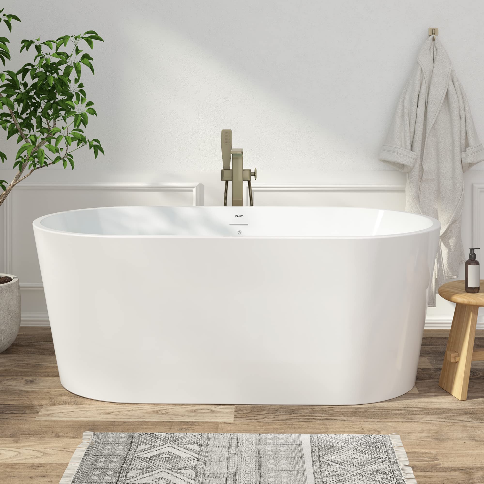 Photo 1 of FerdY Shangri-La 59" Acrylic Freestanding Bathtub, Gracefully Shaped Soaking Bathtub, Glossy White, cUPC Certified, Brushed Nickel Drain & Minimalist Linear Design Overflow Included, 02522