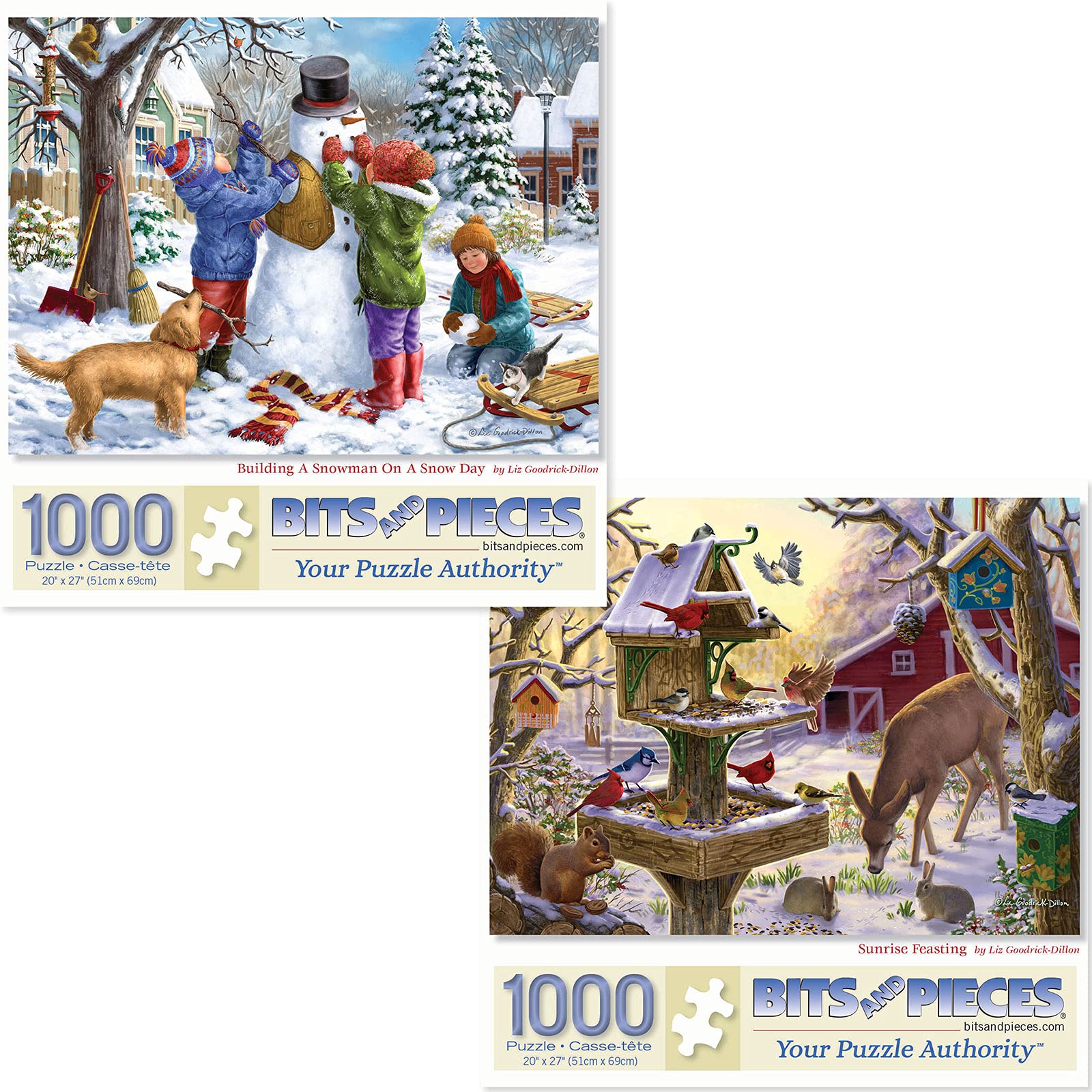 Bits and Pieces - Value Set of Two (2) 1000 Piece Jigsaw Puzzles for Adults - Each Puzzle Measures 51cm x 69cm- Snowman Snow Day, Sunrise Feasting Winter Jigsaws by Artist Liz Goodrick Dillon