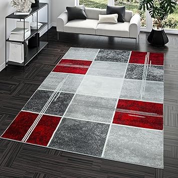 Tapis Abordable Carreau Design Moderne Tapis Pour Salon Gris Rouge Super Prix Dimension160x220 Cm